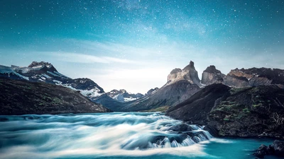 montanhas, céu, estrelas, flúmen, paisagem