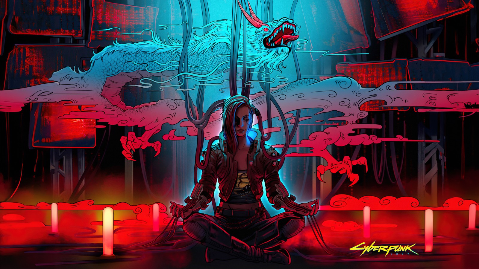 Une femme assise en position de méditation avec une lumière rouge (cyberpunk 2077 phantom liberty, dragon, v cyberpunk, 5k, jeux)