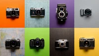 A collage of vintage and modern cameras on vibrant backgrounds showcasing diverse designs and features.