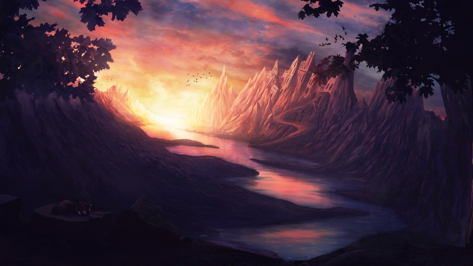 A painting of a sunset over a mountain with a river (fantastic art, fantasy, nature, cloud, afterglow)