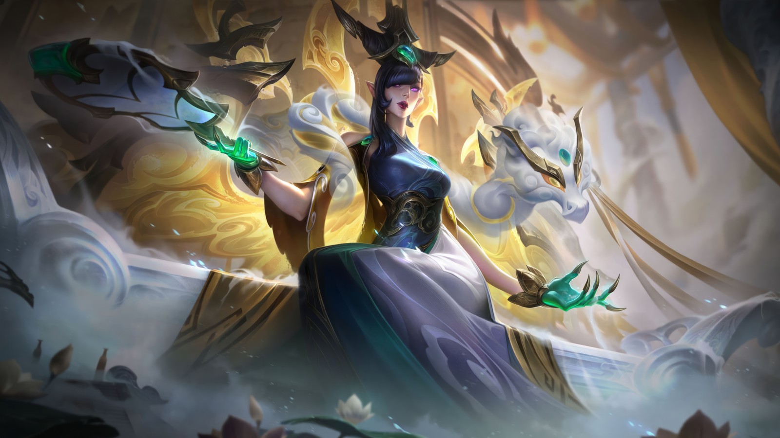 Uma mulher em um vestido segurando um pássaro verde e uma espada (imperatriz lunar, morgana, pele, league of legends, lol)