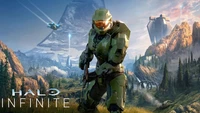 Master Chief está confiante em uma paisagem exuberante e expansiva, com estruturas futuristas e espaçonaves ao fundo, incorporando a essência de "Halo Infinite".