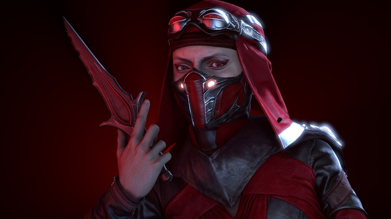 Крупный план человека в красном костюме с парой ножниц (скарлет, skarlet, mortal kombat 11, видеоигра)