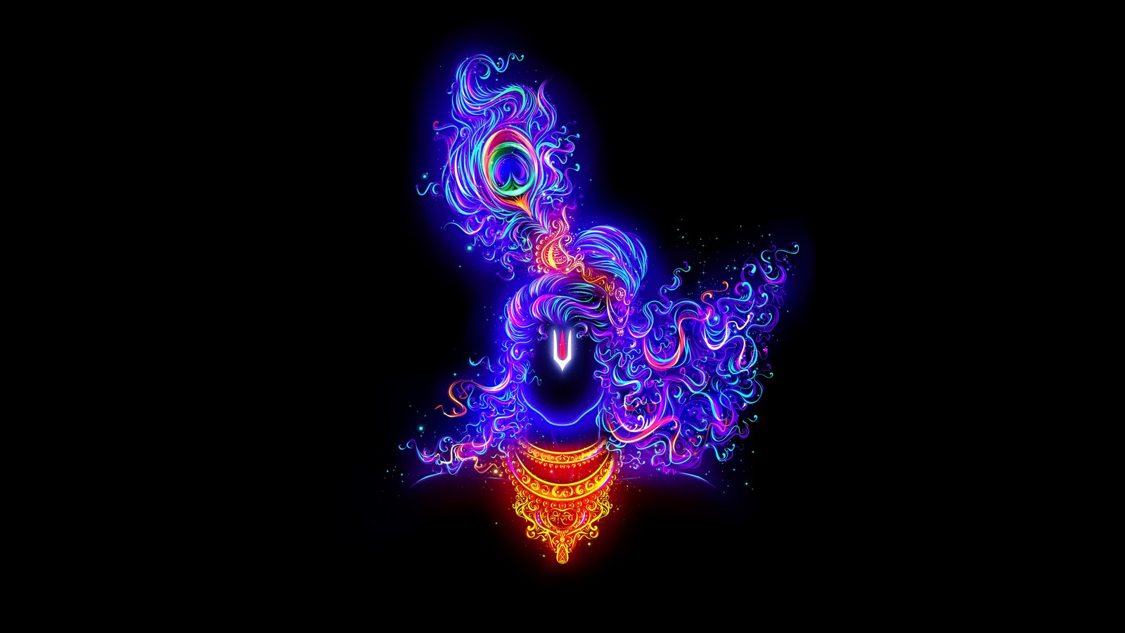 Un primer plano de un pájaro de color neón sobre un fondo negro (señor krishna, lord krishna, arte digital, brillante, fondo negro)