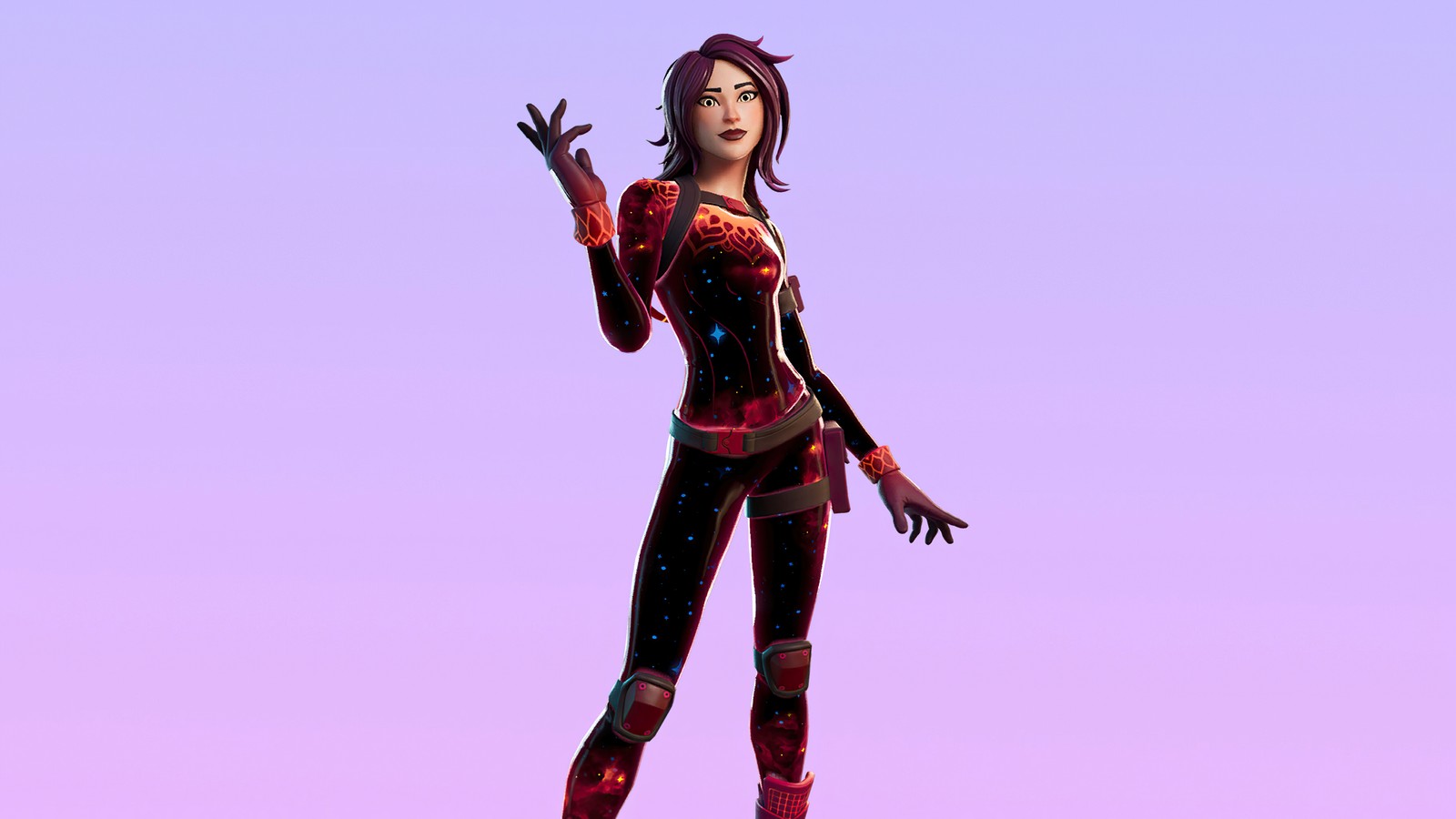 Araffe in a red outfit standing on a rock with her hands up (fortnite, fortnite battle royale, video game, starflare, skin)