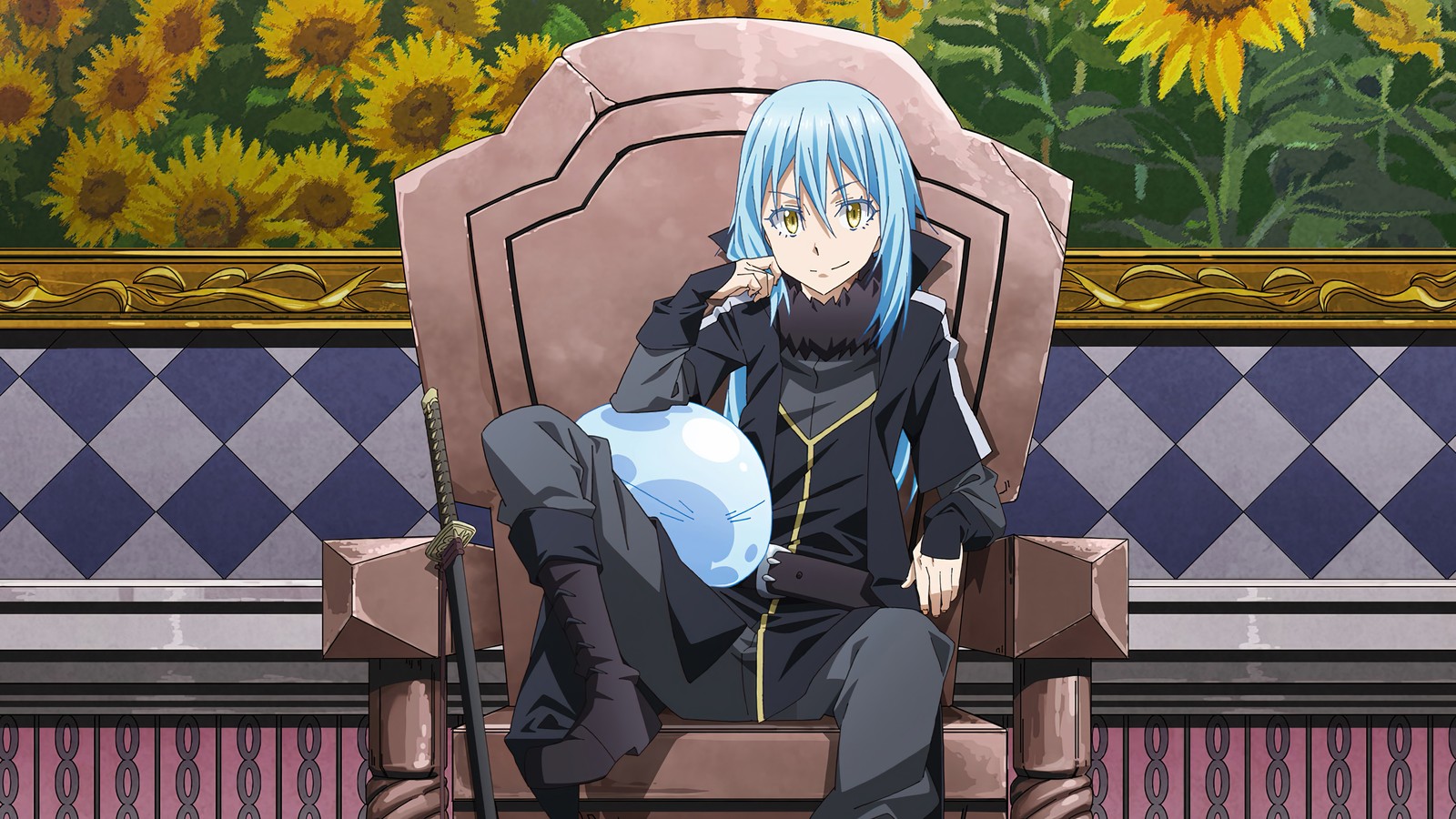 Imagen de estilo anime de una mujer sentada en una silla con cabello azul (rimuru tempest, tensura, tensei shitara slime datta ken, that time i got reincarnated as a slime, anime)