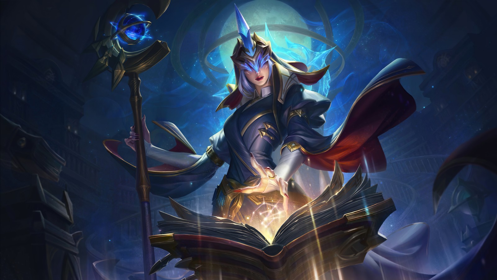 Une femme en tenue bleue tenant un bâton et un livre (soraka, observateur détoiles, peau, art visuel, lol wild rift)