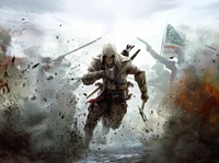 Cena de ação dinâmica de Assassin's Creed III com um assassino furtivo em meio ao caos