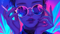 Stylish Girl in Sunglasses with a Cigarette, Surrounded by Vibrant Colors