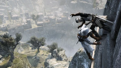 Ezio Auditore konfrontiert einen Assassinen an einer Klippe in Assassin's Creed