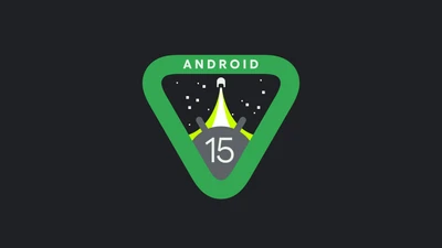 Logotipo minimalista do Android 15 em fundo escuro