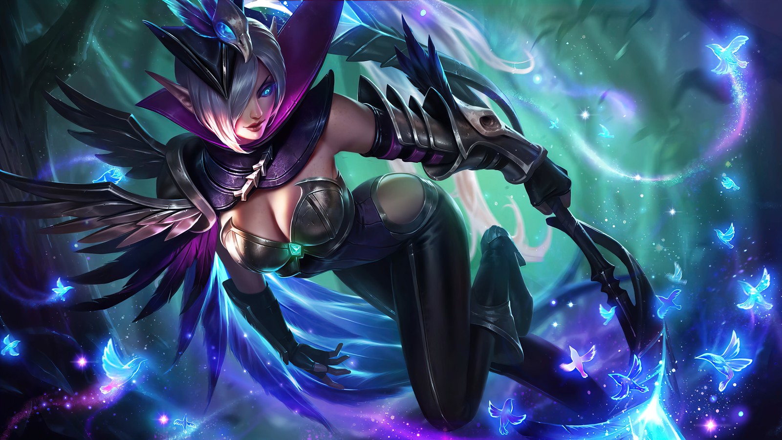 Une femme en tenue noire tenant une épée et une lumière violette et bleue (miya, modena butterfly, legend skin, mobile legends, bang bang)