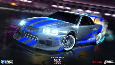 Nissan Skyline GT-R R32 в Rocket League с динамичным дизайном обоев 4K.