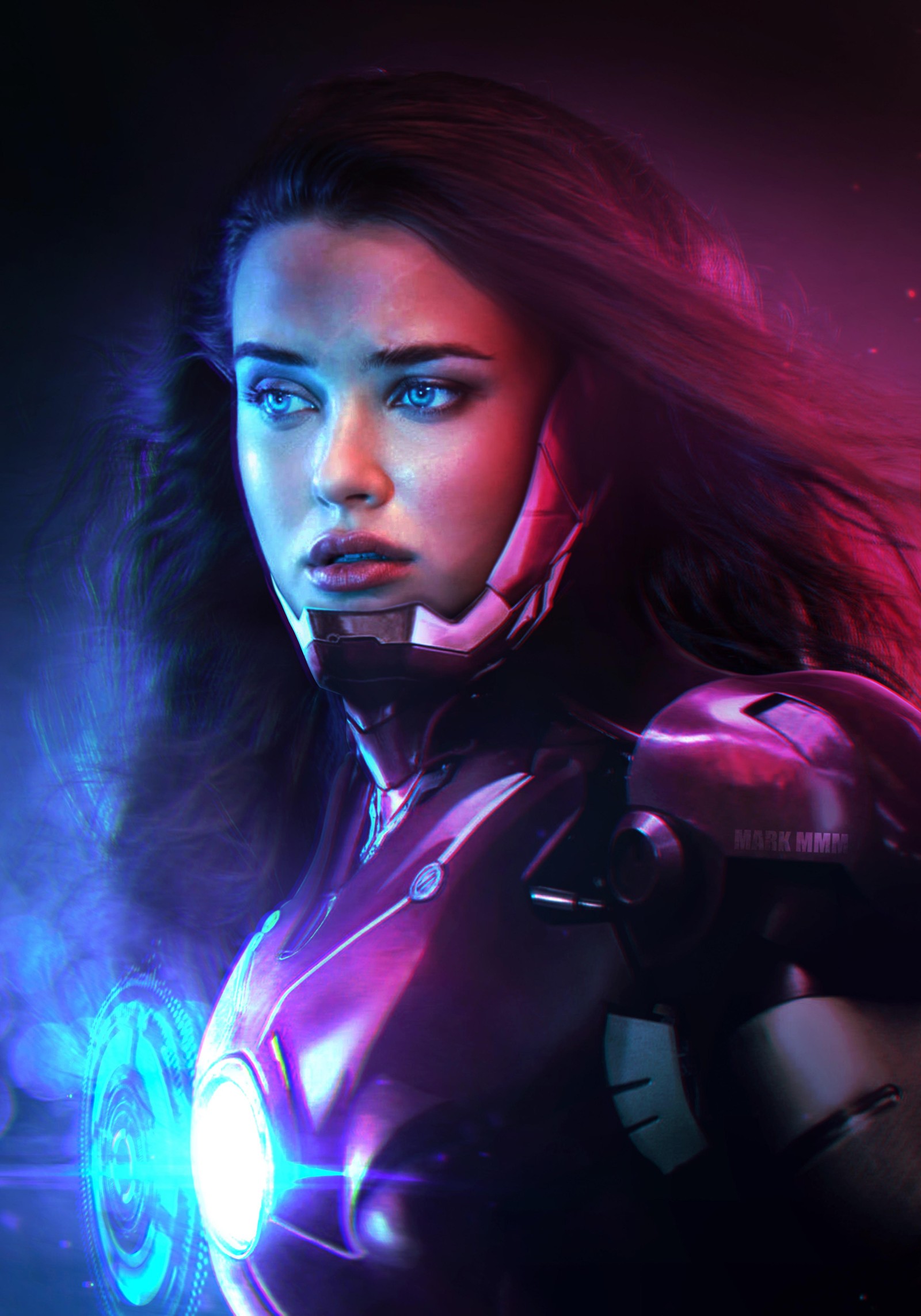 Близкий план женщины в костюме с сияющим светом (катерина лангфорд, katherine langford, iron woman, morgan stark, графика cgi)