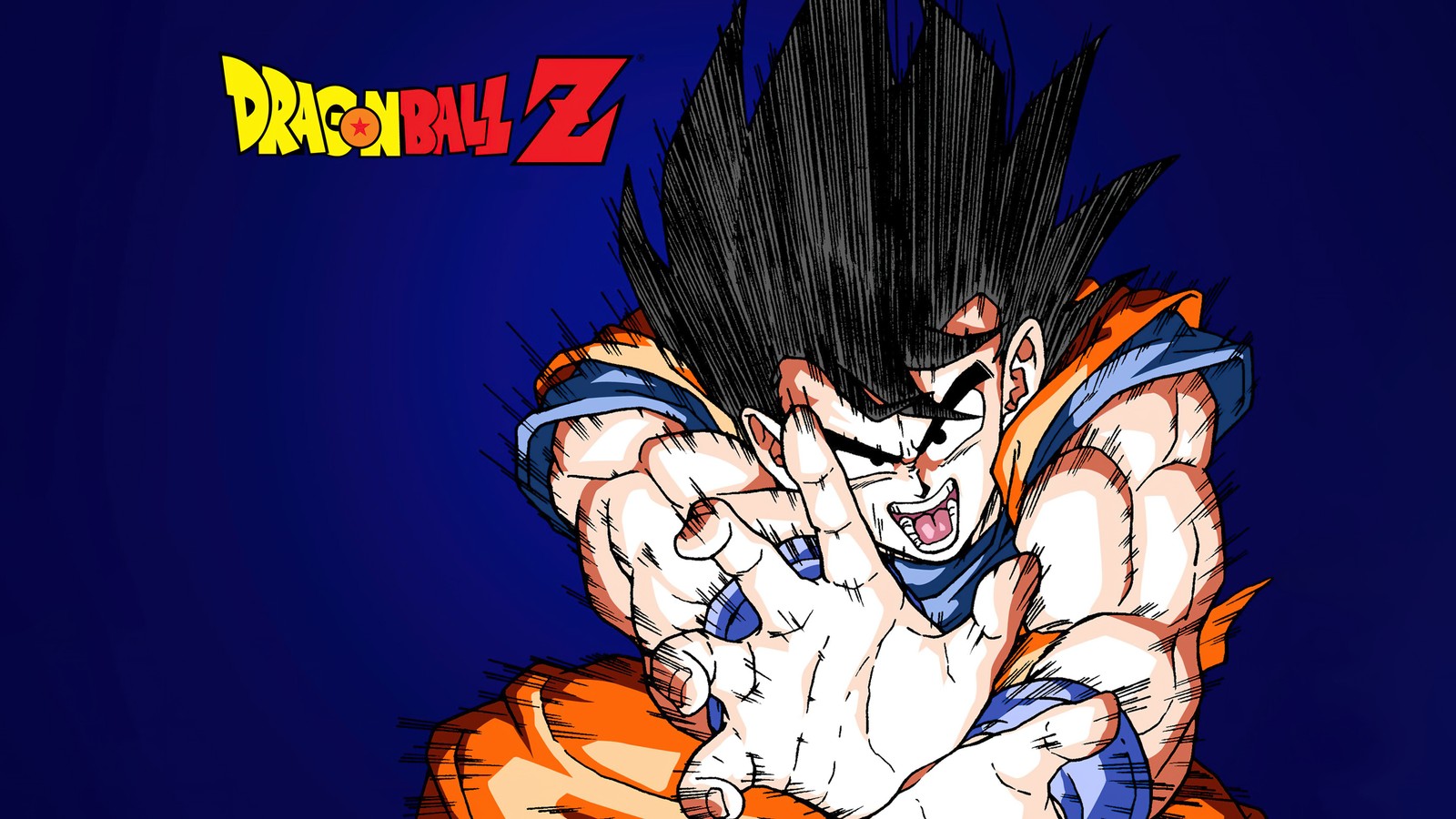 A drawing of a young gohan with his fist raised (dragon ball z, goku, blue background, dark blue, 5k)