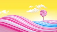 lollipop, pink, yellow background, yellow sky, clouds wallpaper