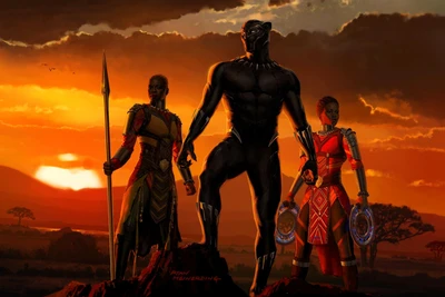 Black Panther and Allies Stand Against a Vibrant Sunset in Wakanda