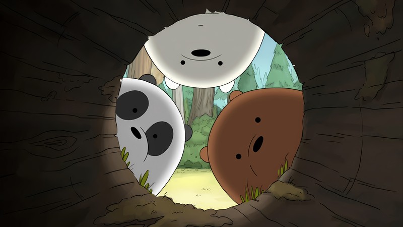 Мультяшные медведи выглядывают из дупла дерева (мы bare bears, мультфильм, сериал)