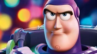 Buzz Lightyear from Toy Story 4 with a determined expression against a colorful background.