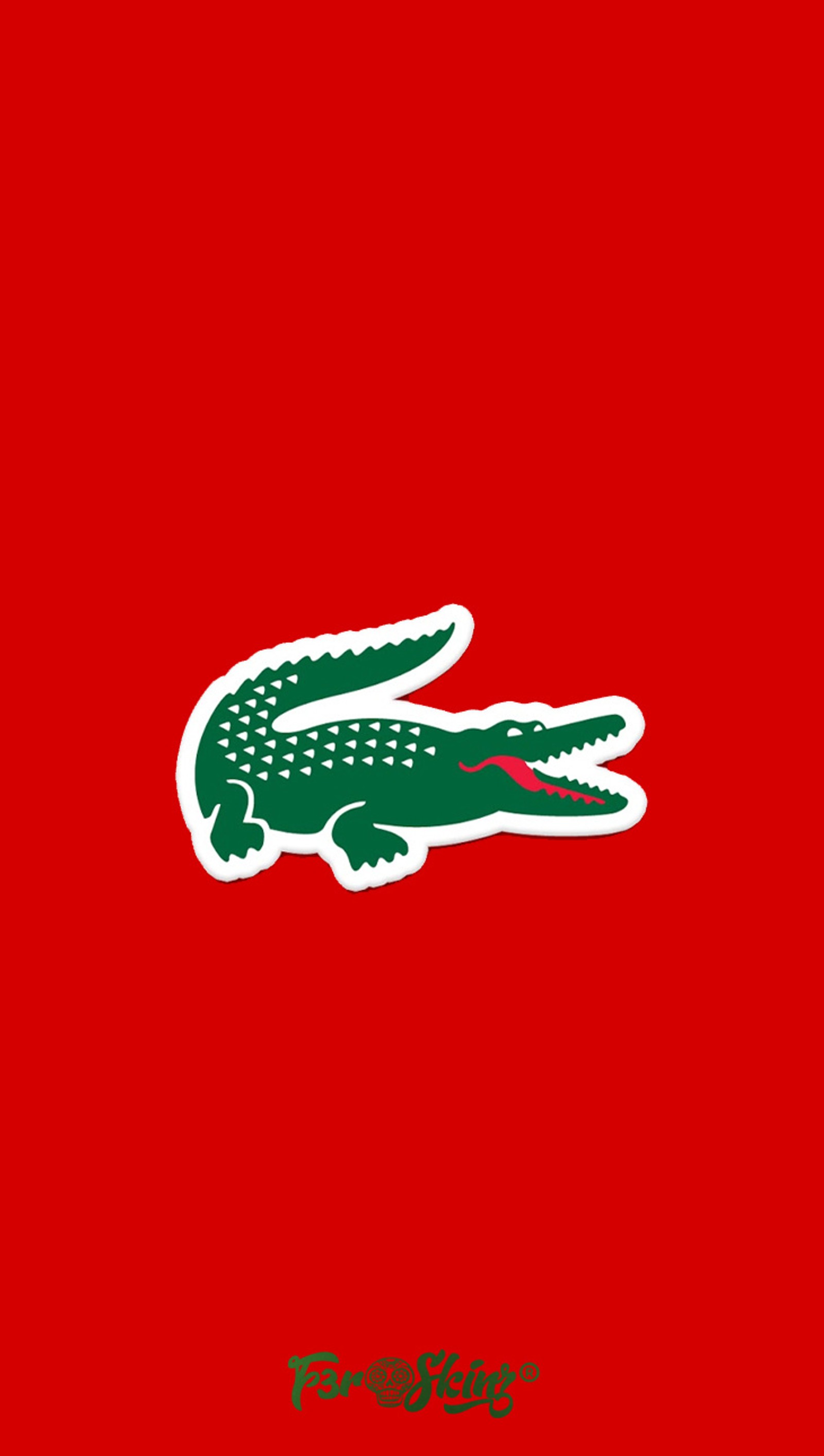 A close up of a red background with a green alligator (lacoste, logo, logos, marca, marcas)