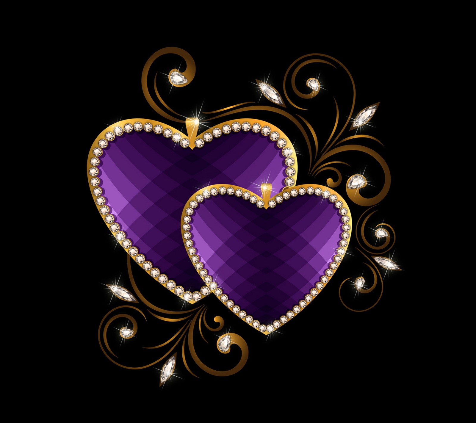 Two purple hearts with diamonds and gold on a black background (brilliant, diamond, heart, jem, love)