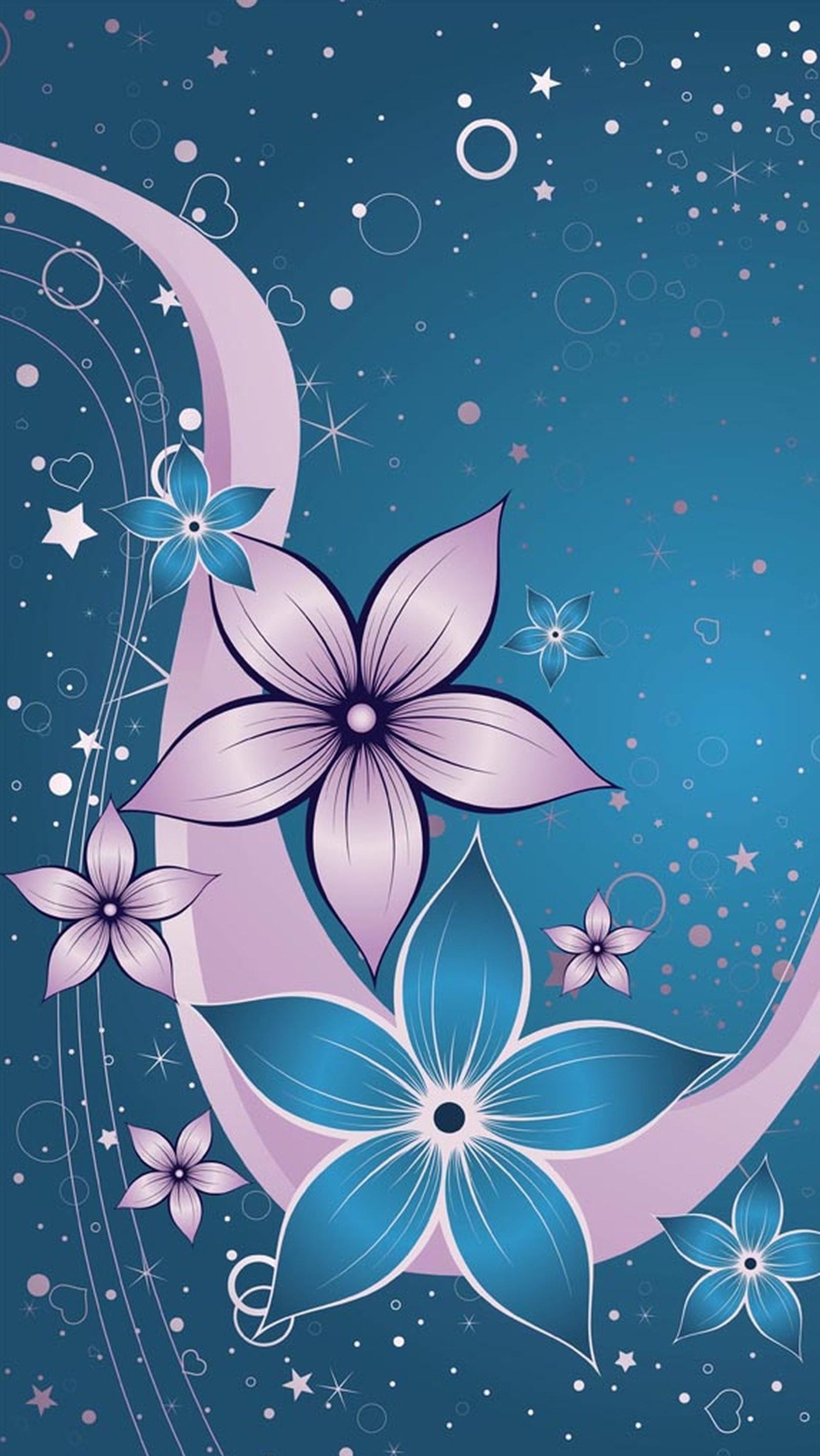 Purple and blue flowers on a blue background with stars (abstract, flowers)