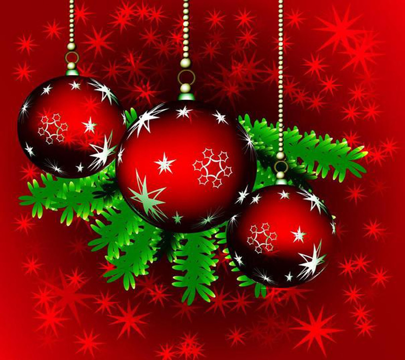 A red christmas background with three red christmas balls and green leaves (christmas, wallpaper)