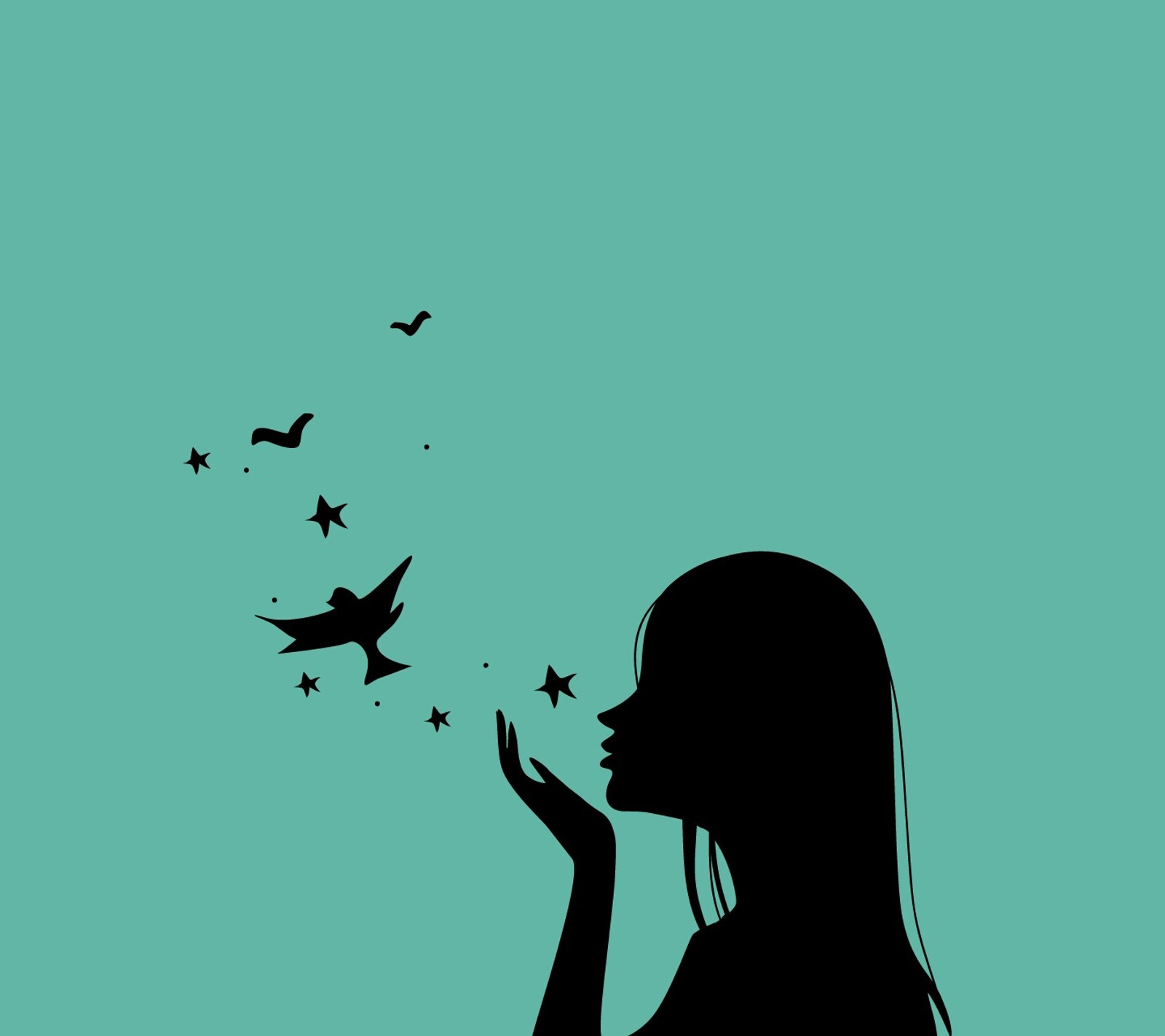 Silhouette d'une femme soufflant une étoile avec des oiseaux volant autour (fille, style)