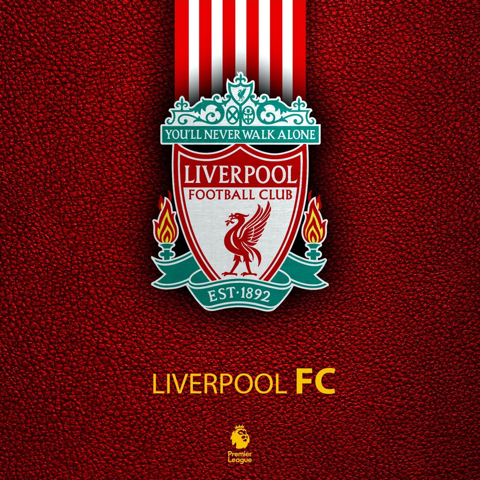 Escudo del club de fútbol liverpool fc sobre un fondo de cuero rojo (club, fútbol, liverpool, nunca caminar solo, nwal)