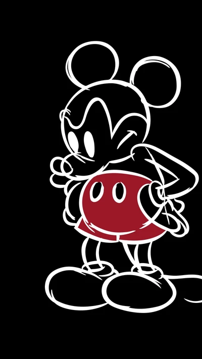 Esboço minimalista do Mickey Mouse em um traje vermelho contra um fundo preto.