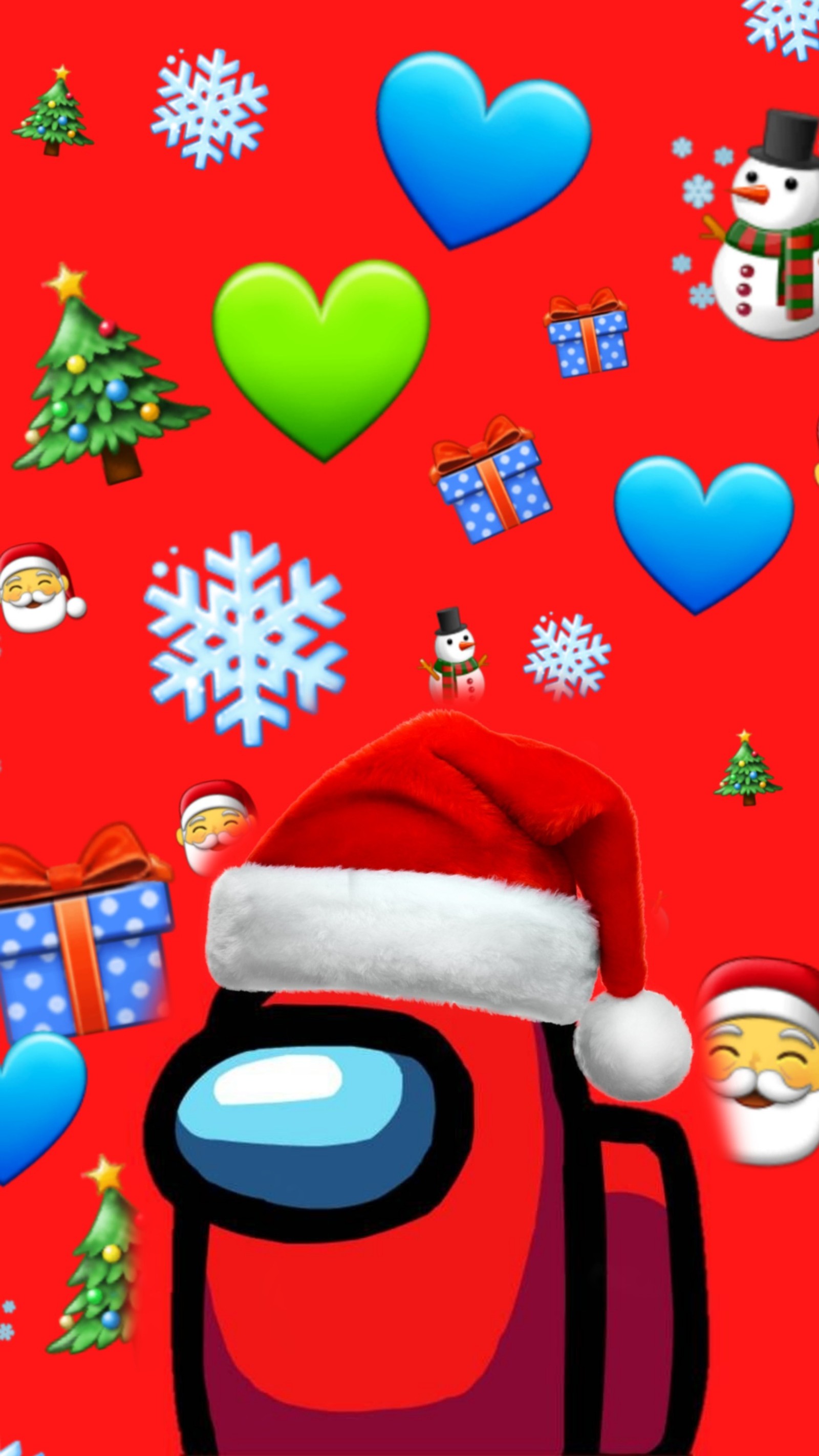 There is a red background with a santa hat and many different items (among us, christmas)