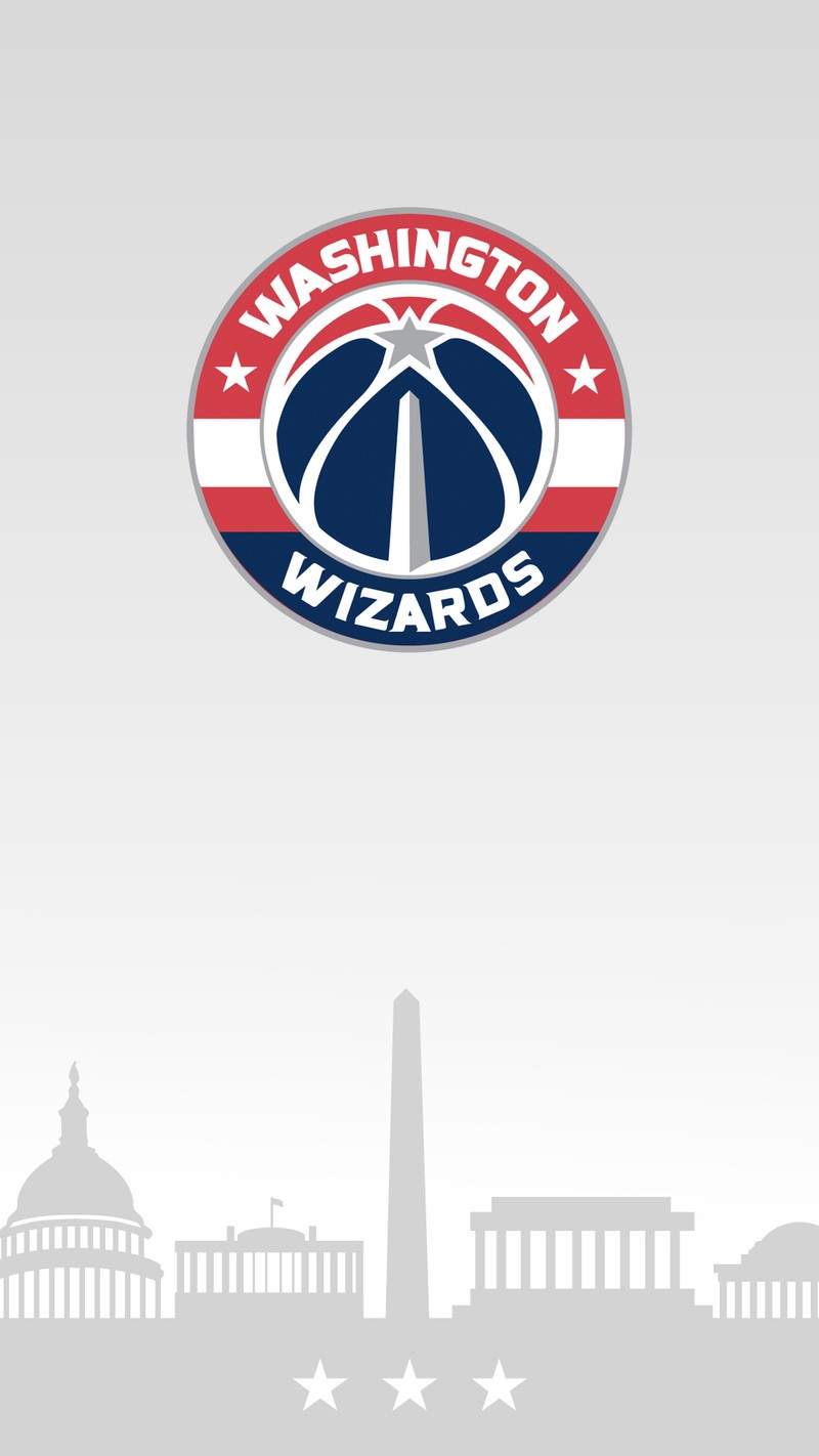 Логотип washington wizards на фоне городской панорамы с вашингтонским монументом (баскетбол, nba, спорт, вашингтон, washington)