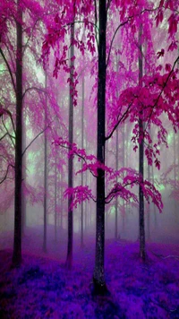 Forêt d'automne enchantée dans des teintes roses et violettes