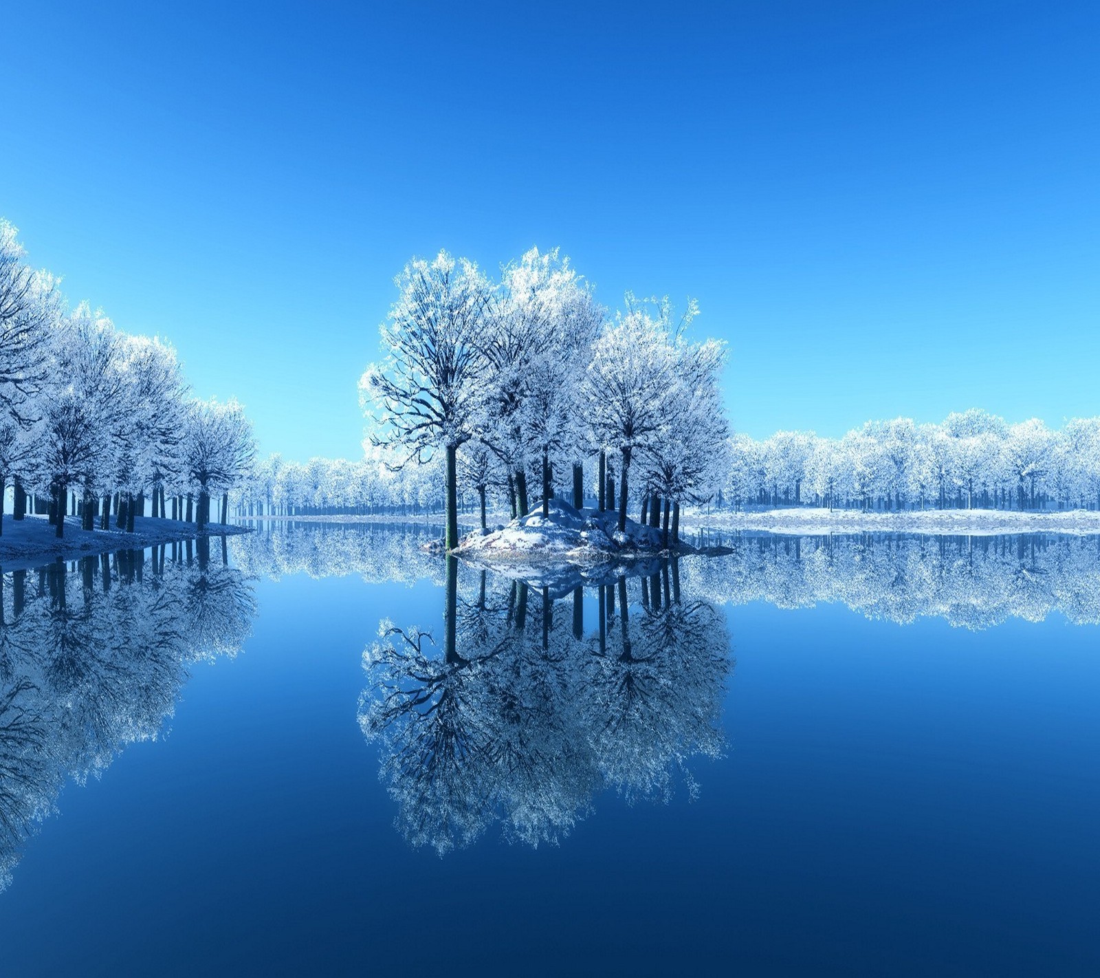 Arafed view of a lake with trees and a blue sky (blue, nature, reflection, snow, trees)