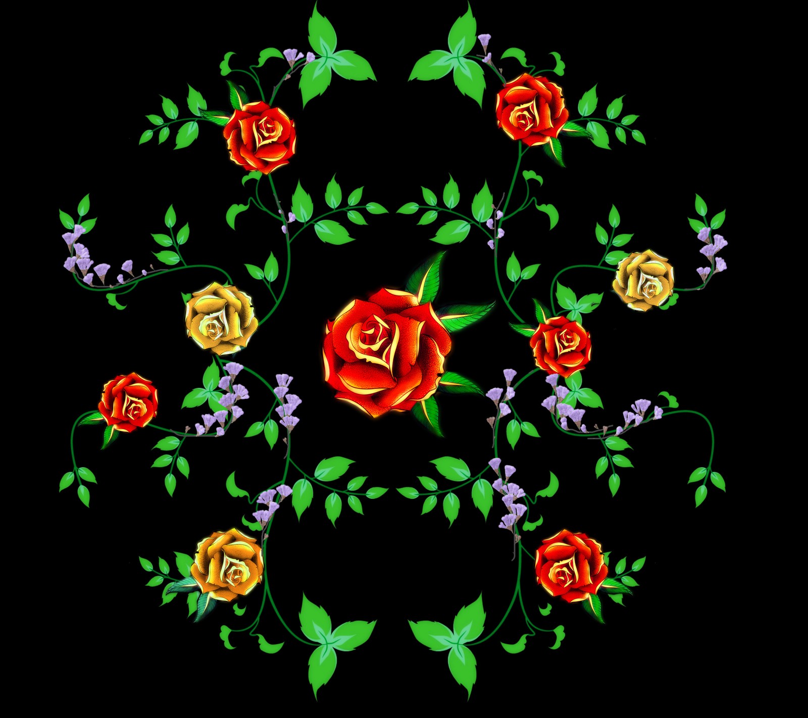 A close up of a flower design with leaves and flowers (design, red, roses, yellow)