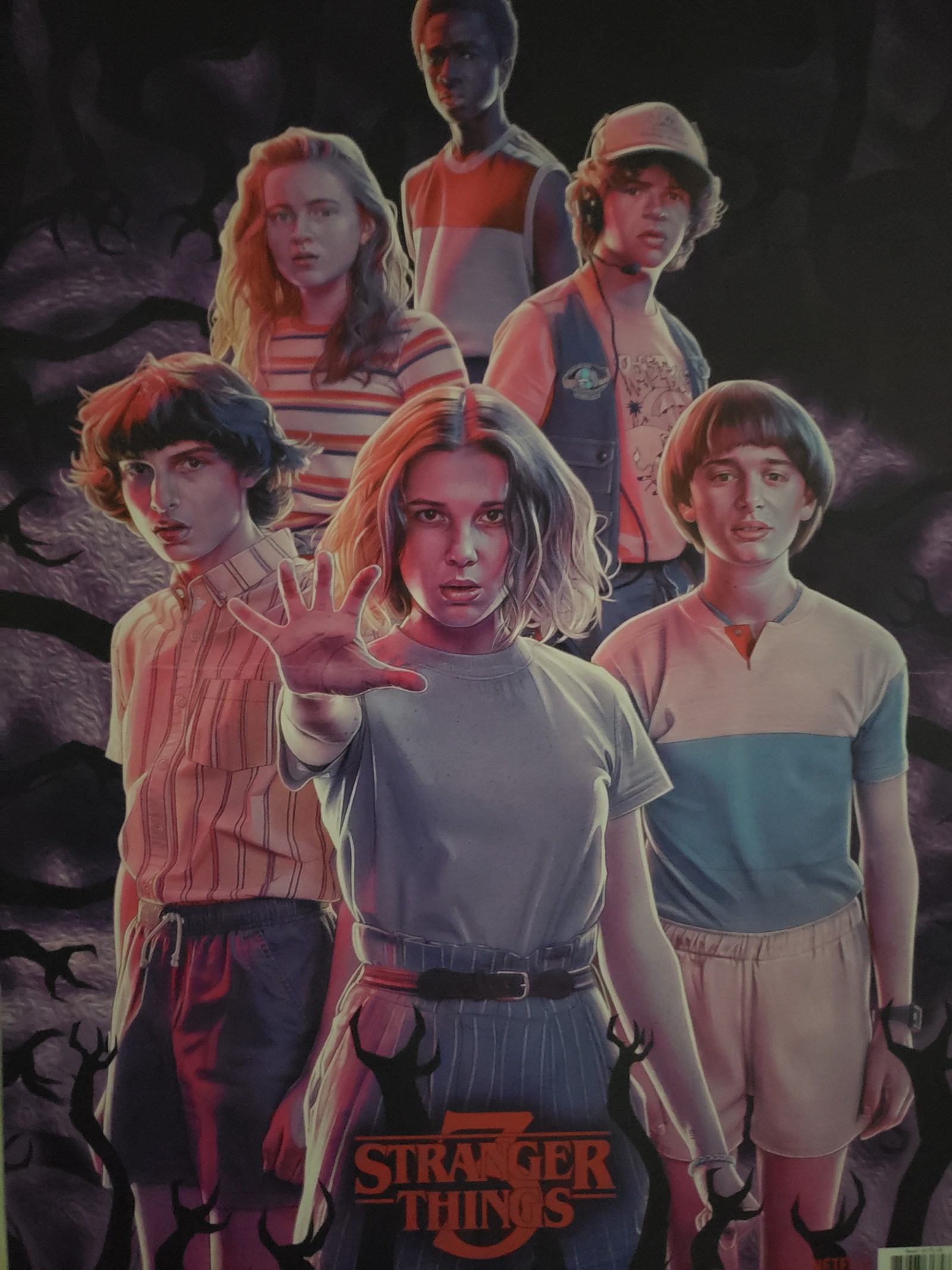 A poster of a group of people standing next to each other (dustin, eleven, lucas, max, mike)