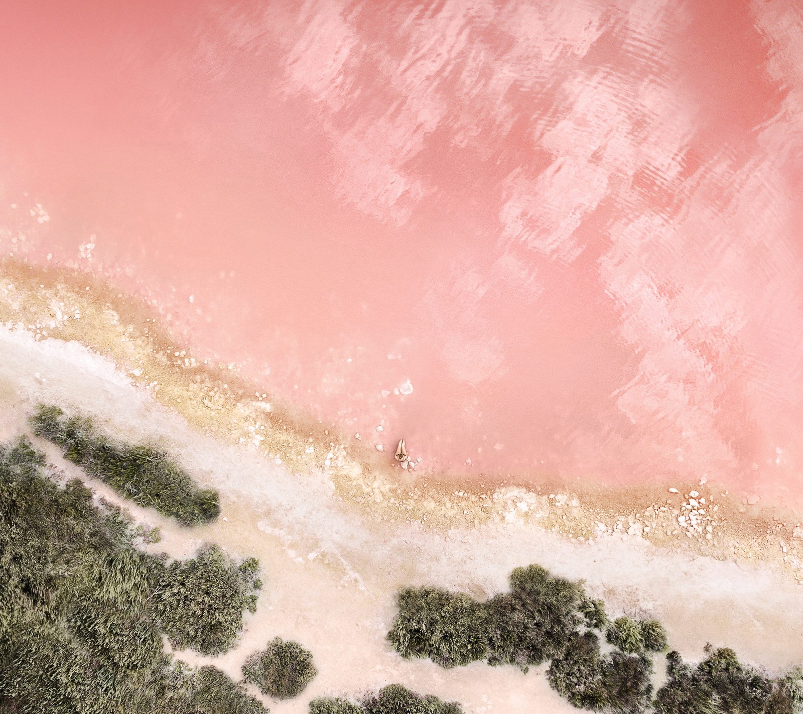 Vue aérienne d'une plage rose avec une personne dans un bateau (11, android, ios, iphone, papier peint de stock)