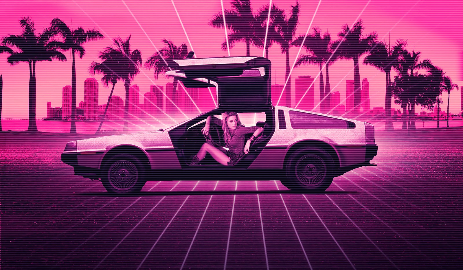 Lade synthwave, rosa, staatsstreich, sportwagen, magenta Hintergrund herunter