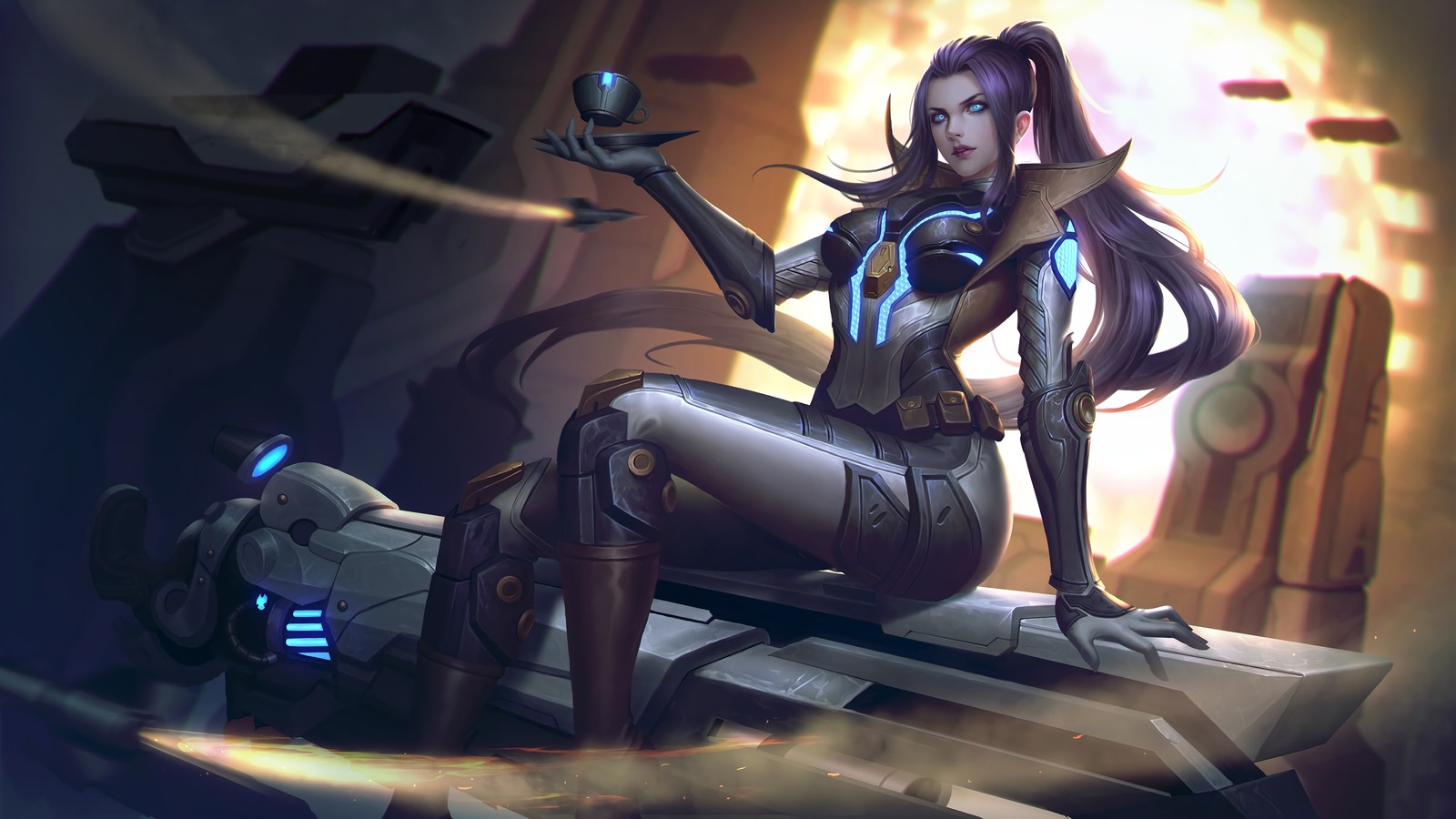 Eine frau in einem futuristischen outfit, die auf einem tisch sitzt (caitly, league of legends, lol, videospiel, pulsefire)