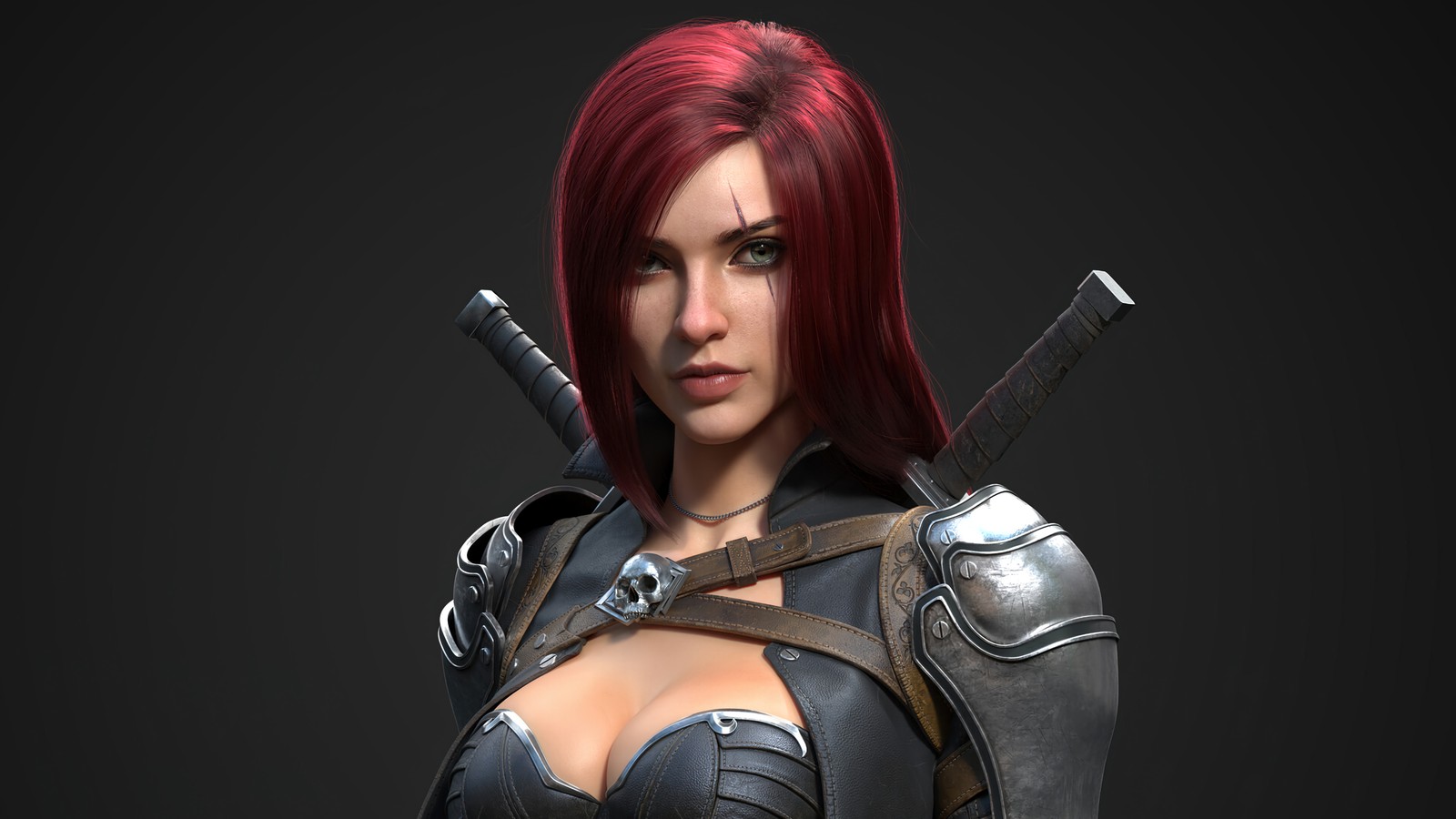 Eine frau mit roten haaren und rüstung, die zwei schwerter hält (katarina, lol, league of legends, videospiel)