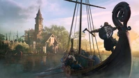 Barco largo vikingo acercándose a un asentamiento en Assassin's Creed Valhalla