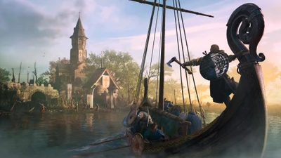 Wikinger Langschiff nähert sich einer Siedlung in Assassin's Creed Valhalla