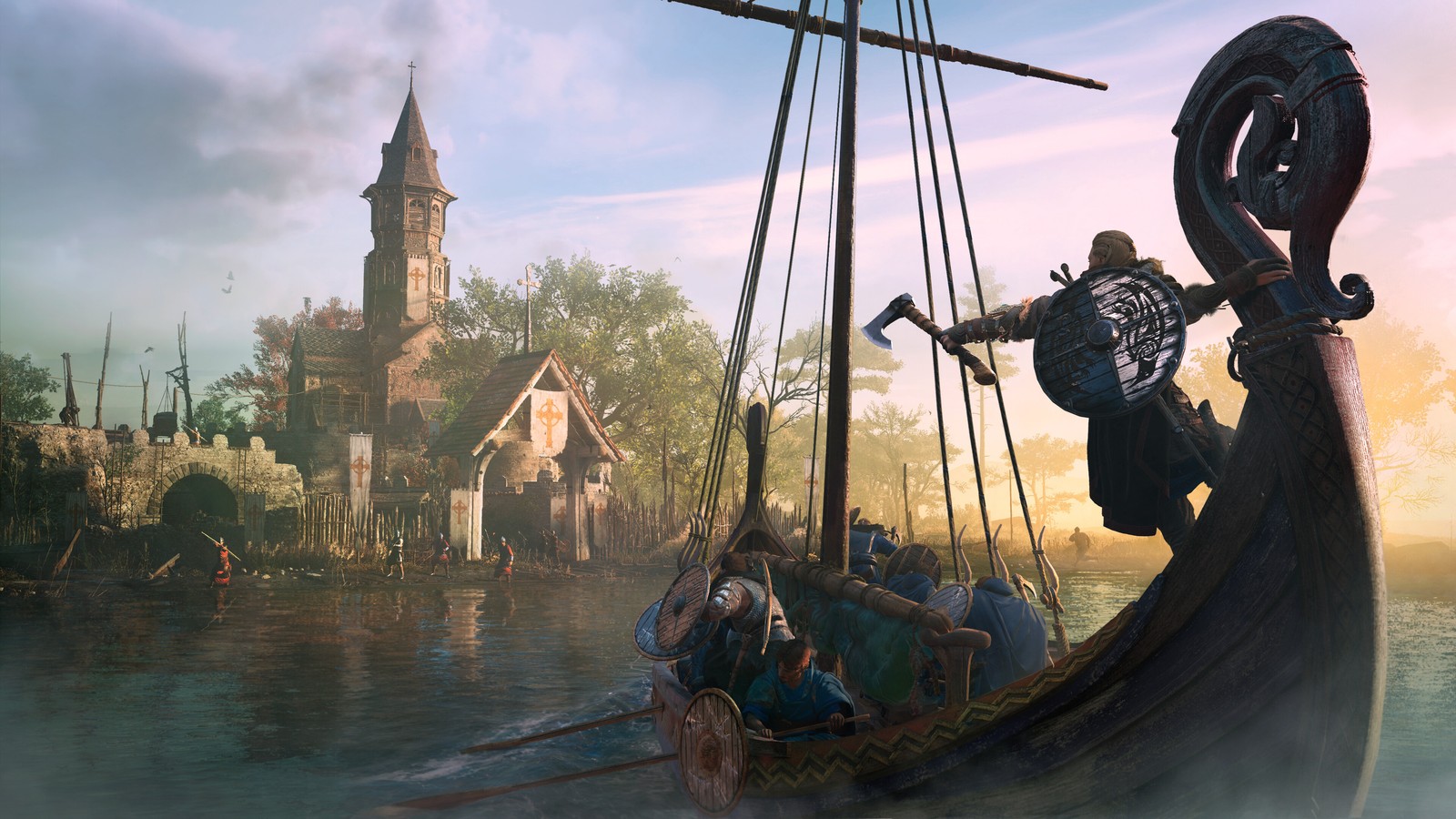 Arafed boat with a man on it in front of a castle (assassins creed valhalla, ac valhalla, video game, viking, longship)