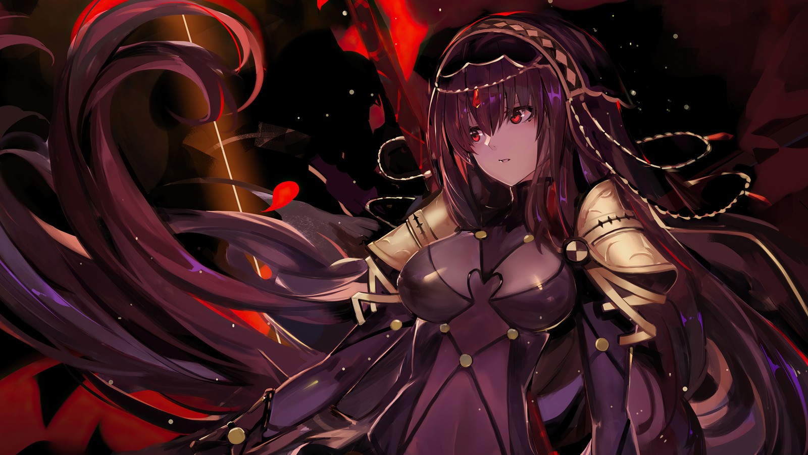 Une femme en robe violette avec de longs cheveux tenant une épée (scathach, fategrand order, fate grand order, fgo, jeu vidéo)