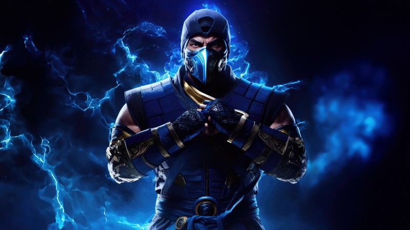 Мужчина в синем костюме с мечом перед темным фоном (sub zero, 5k, mortal kombat, синий, графика cgi)