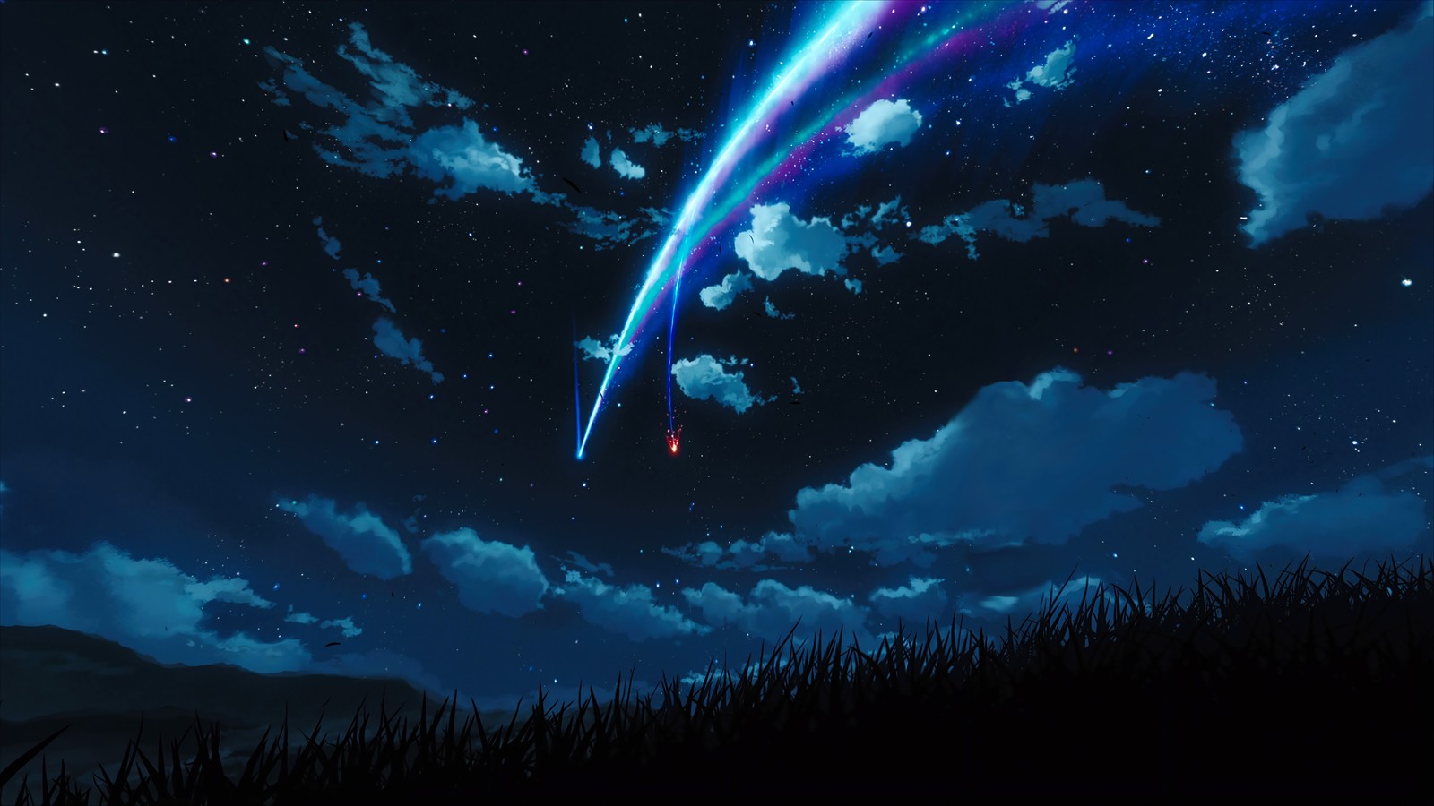 Uma pessoa em pé em uma colina olhando para um cometa em queda (your name, estrelas cadentes, kimi no na wa, cometa tiamat, comet tiamat)