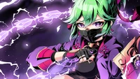 Kuki Shinobu en una pose electrizante, mostrando su vibrante cabello verde y su llamativo atuendo de Genshin Impact.