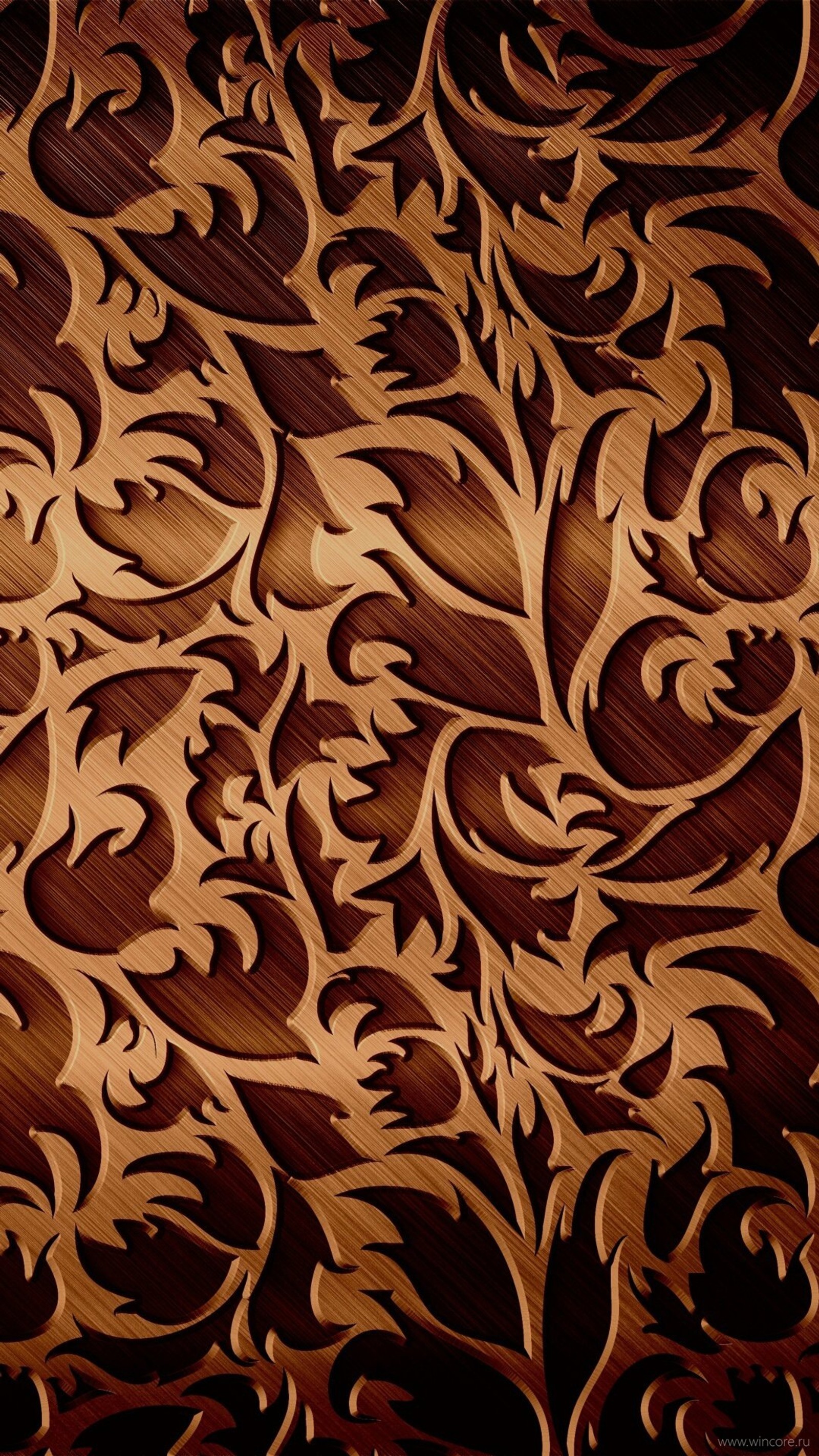 A close up of a wooden surface with a pattern of flowers (pattern, design, visual arts, texture, brown)