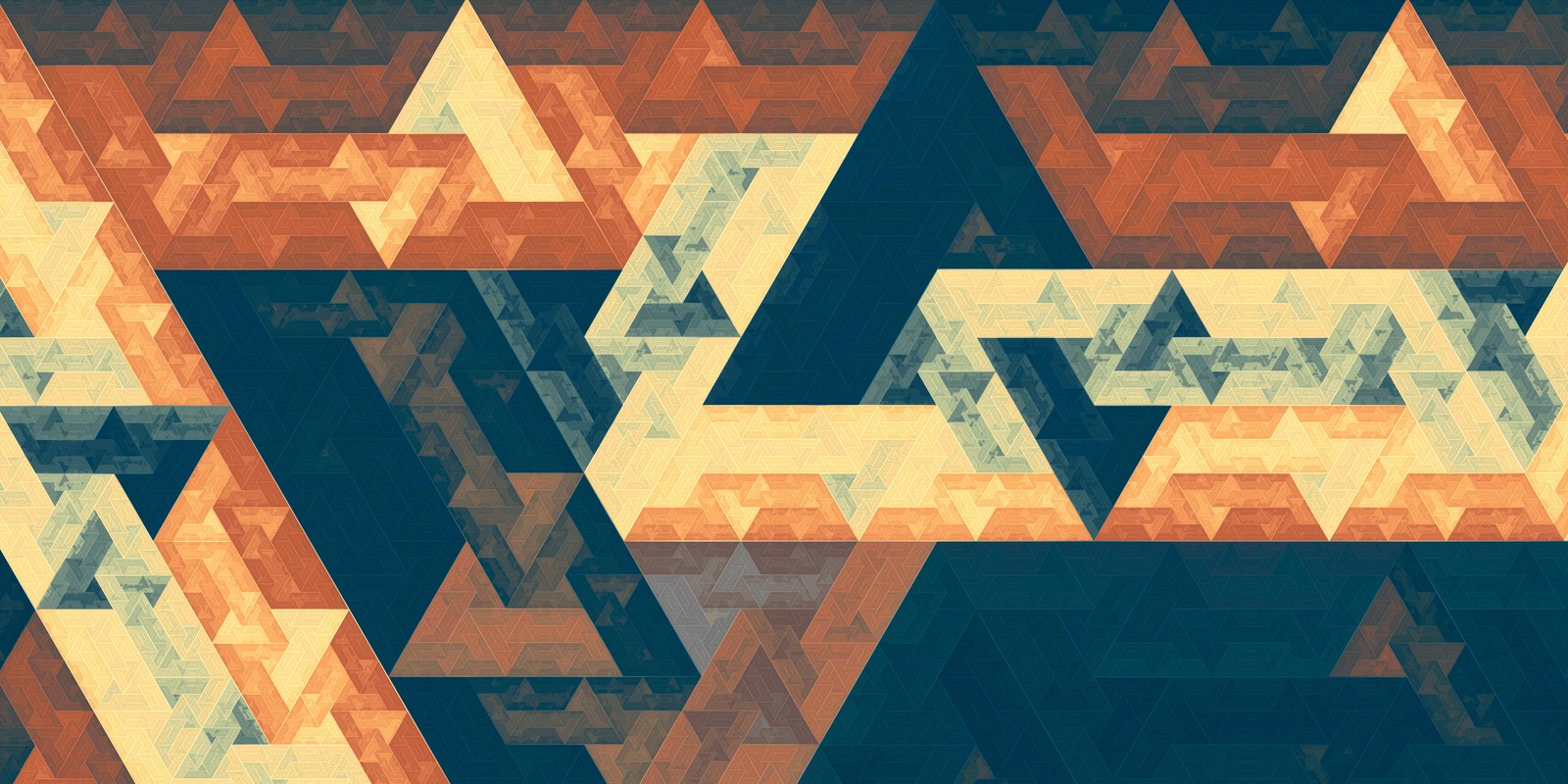 A close up of a pattern of triangles with a blue background (fractal, triangle, golden ratio, abstract art, painting)