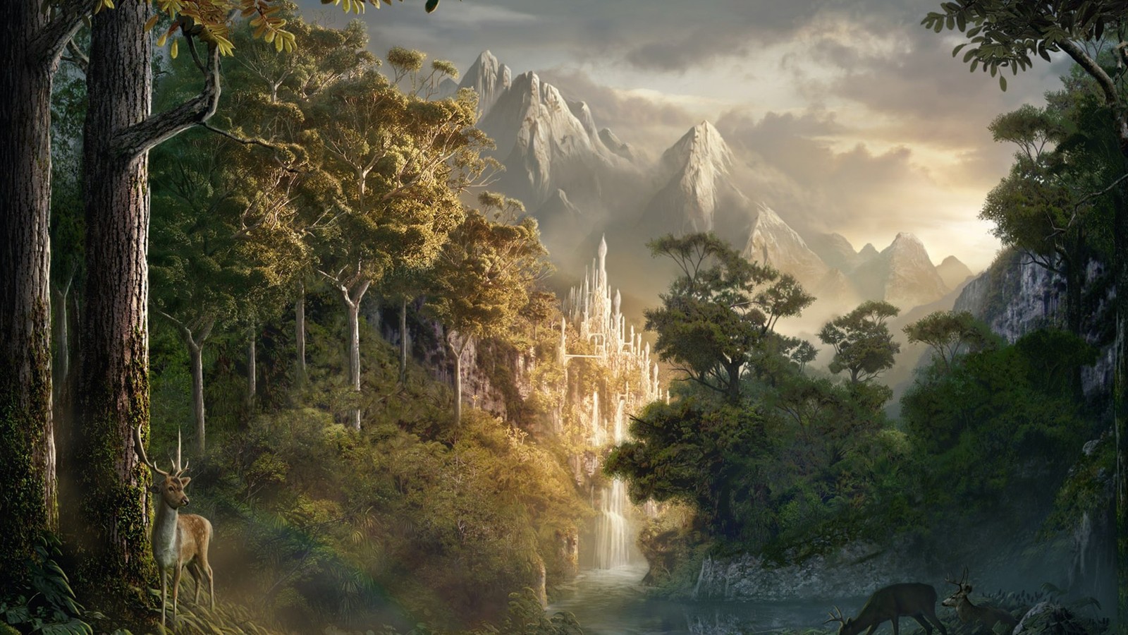 A close up of a forest with a castle in the background (the lord of the rings, the hobbit, nature, vegetation, nature reserve)